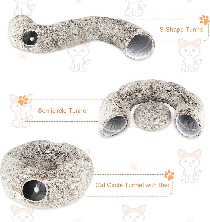 Plush Cat Tunnel Bed for Indoor Cats, Collapsible Cat Donut Tunnel with Central Mat, Fluffy Cats Cave Tube with Hanging Ball for Kitten Rabbit Puppy Ferret, Coffee