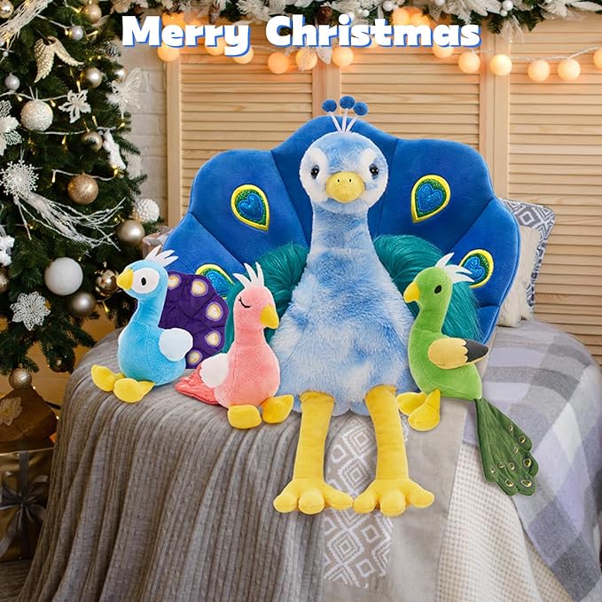 MorisMos Plush Peacock Stuffed Animal with 3 Baby Bird Plush Toys,18''Mommy Peacock Toys for Girl Boy Kid,Realistic Bird Stuffed Animals Gift for Birthday Decor Baby Shower Christmas,CE/CPC Certified