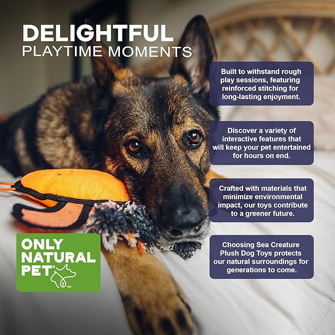 Only Natural Pet Sea Creatures Recycled Plush Dog Toys - Durable Double-Stitched Design with Internal Squeaker, 6 Rope Tug Arms & Plush Tail and Pincers - Squeaky Pet Toy | Lucy the Lobster, 11" x 12"