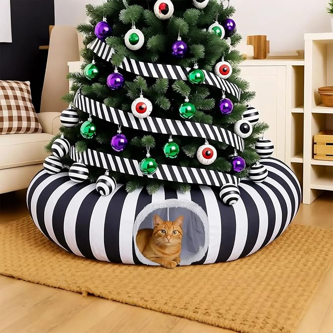 Frienda Cat Tunnel Bed Under Halloween Tree Sandworm Kitten Donut Tunnel with Cushion and Ball Toy Tree Skirt Detachable Black and White Stripes Cat Cave for Kitten, Puppy, Rabbit, Small Animals