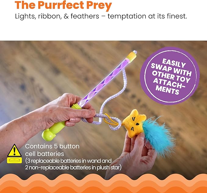 Catstages Twinkle Star Light Up Cat Wand Toy with LED Color-Changing Lights, Feathers & Ribbon Plush Star Attachment, Interactive Flirt Pole for Indoor Cats & Kittens