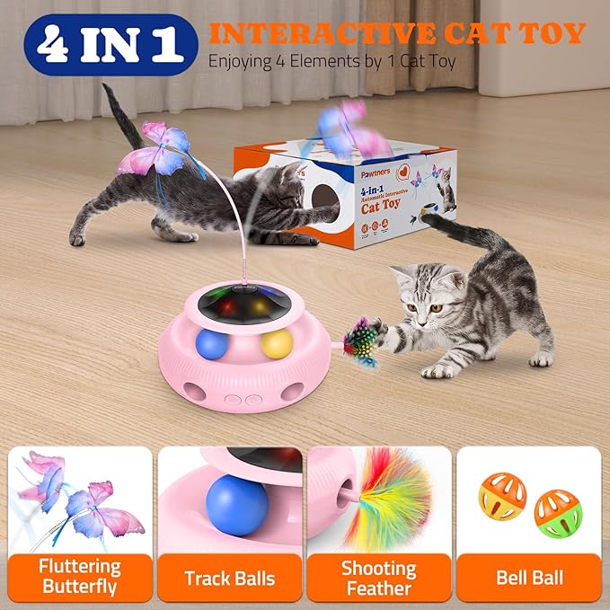 Interactive Cat Toy: 4 in 1 Automatic Cat Toy for Indoor Cats, Electric Kitten Toy with Rechargeable Battery, Self Play Kitty Toys with Fluttering Butterfly, Track Ball and Feather Pack, Pink