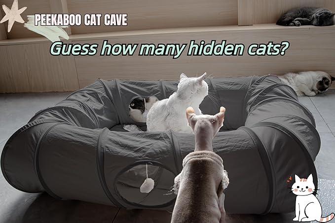 XxingSheep 4 Ways Shuttled XL Cat Tunnel Bed for Indoor Cats Peekaboo Cat Cave Donut with Cool Mat (Dark Gray)