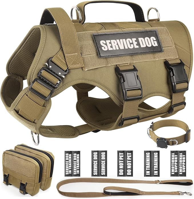 WINSEE Tactical Dog Harness with Dog Leash, Dog Collar, Service Working MOLLE Vest with 10 Pet Patches for Large Dog, No Pull Military Harness and Backpack with Airtag Holdler