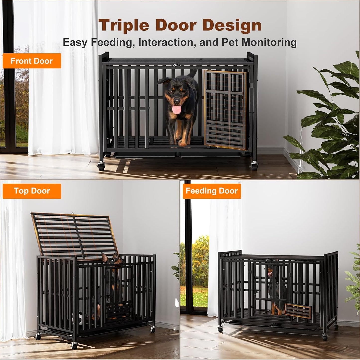 Upgraded 43.8 inch Heavy Duty Dog Crate, Reinforced Thickened Steel Frame Indestructible Kennel for Large & High Anxiety Dogs, Escape Proof Design with 3 Doors, 4 Lockable Wheels and 2 Removable Trays