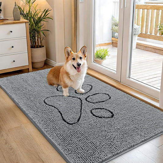 OLANLY Door Mat for Muddy Dog Paws 54x32, Ultra Absorbent Chenille Mud Doormat with Paw Print Design, Non-Slip Washable Doormat for Indoor Entryway, Quick-Dry Pet Bed Mats for Dirty Dogs, Grey
