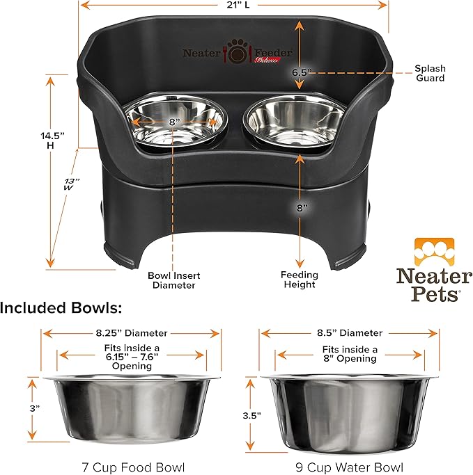 Neater Pet Brands Neater Feeder Deluxe Mess Proof Dog Bowls Elevated for Large Dogs Over 40 lbs, Made in USA, No Spill Raised Dog Food Bowl Stand Feeding Station, Food and Water Bowl Set, Black