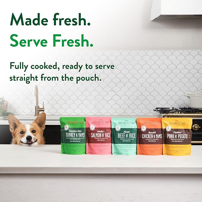 Portland Pet Food Company Grandma Ada's Turkey & Yams Fresh Dog Food Pouches - Human-Grade, Grain-Free Wet Meal Topper Mixer & Meals - Small & Large Breed Puppy & Senior Dogs - USA Made - 5 Pack