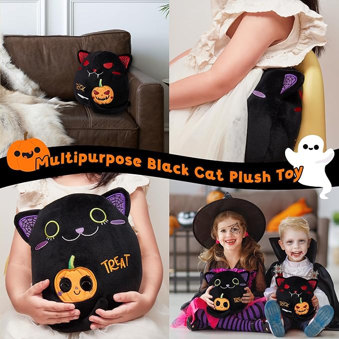 Black Cat Plush Birthday Gift - Two-Sided Stuffed Animal Toy, Funny 9.4" Soft Pumpkin Throw Pillow for Kids, Boys, Girls - 1 Piece
