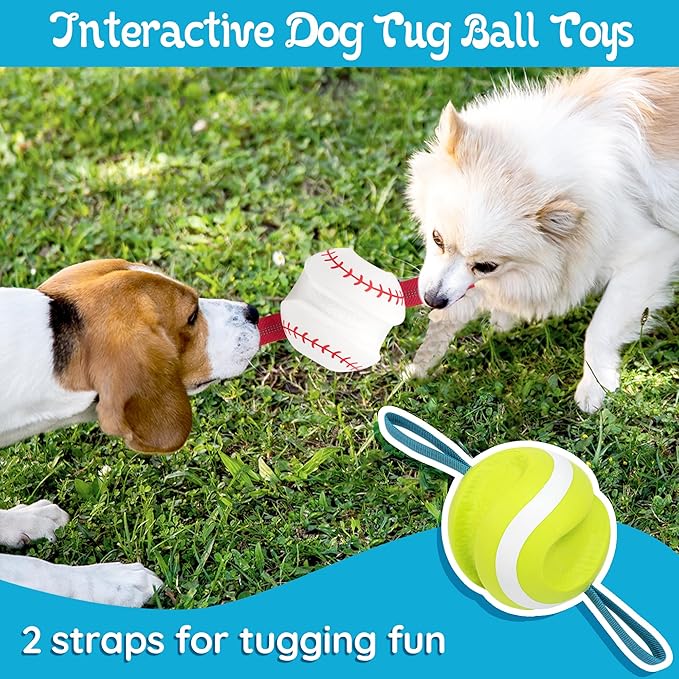 Dog Balls with Straps for Tugging 2 Pcs, Interactive Dog Toys, Puppy Toys to Keep Them Busy, High Bouncy Balls for Dogs, Tennis Ball Base Ball Toys