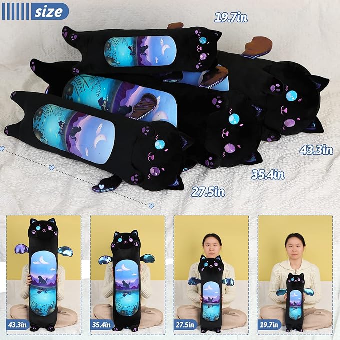 AIXINI Long Cat Plush Pillow Cartoon Cute Black Cat Stuffed Animals, Soft Kawaii Kitten Plushies Pillow Toy for Kids (Moonlight Black,19.7inch)