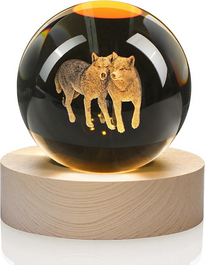YU FENG 3D Carved Wolf Crystal Ball with Warm White Light Base 2.36 Inch