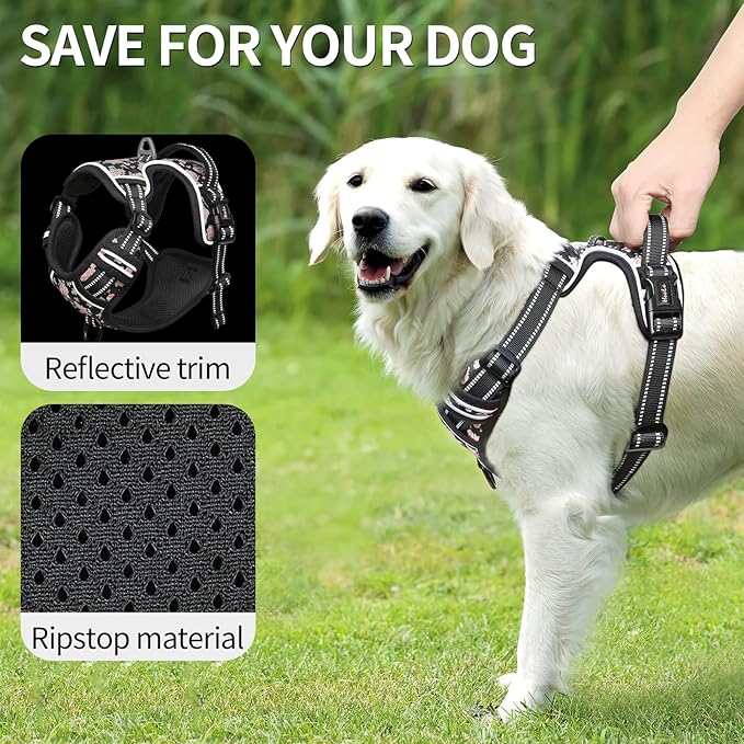 HEELE Dog Harness, No Pull Adjustable Padded Reflective Harness for Small Medium Large Dogs with Handle for Walking Training, Flower-Black, XL