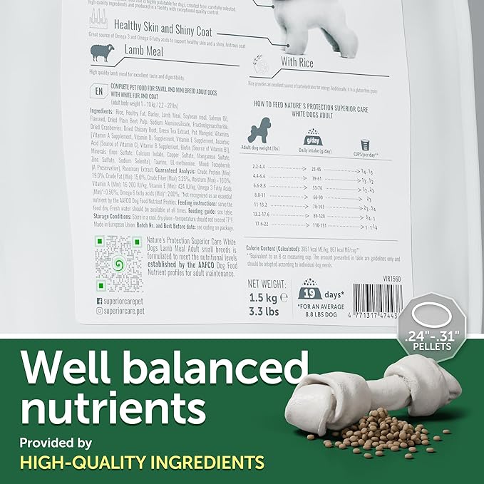 Nature's Protection Dry Dog Food for Small Breed - High Protein Tear Stain Diet for White & Light Fur Adult Dogs - Small Bites Kibble (Superior Care - Lamb and Rice, 3.3 lb)