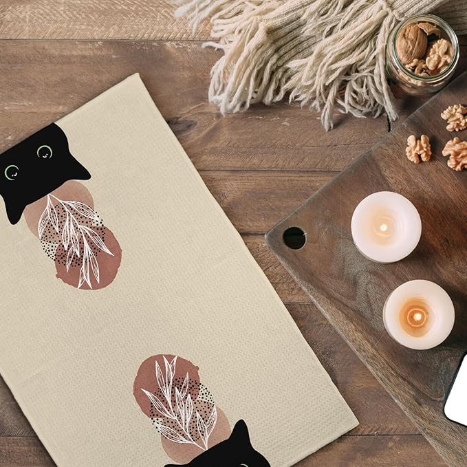 Abstract Boho Botanical Black Cat Kitchen Towels Set of 3, Cat Lover Mom Lady Gifts Decorative Dish Tea Towels, Boho Neutral Mid Century Modern Hand Towels for Bathroom Decor, 16X24In
