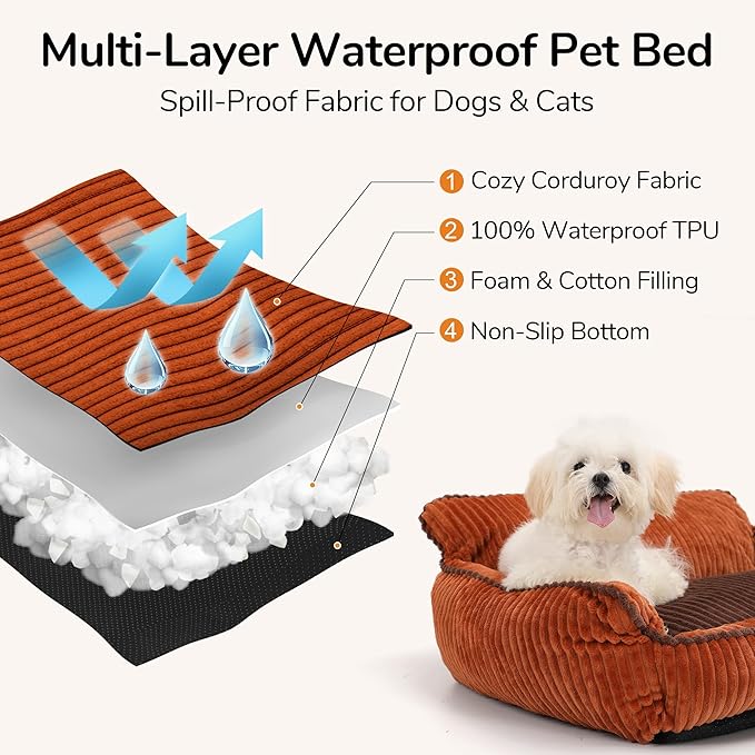 FUKUMARU Cat Couch Bed, Fluffy Corduroy Cat Beds for Indoor Cats with Washable Cover, Waterproof Small Dog Sofa Beds with Portable Handle and Anti-Slip Bottom, Pet Beds & Furniture 28inch, Orange