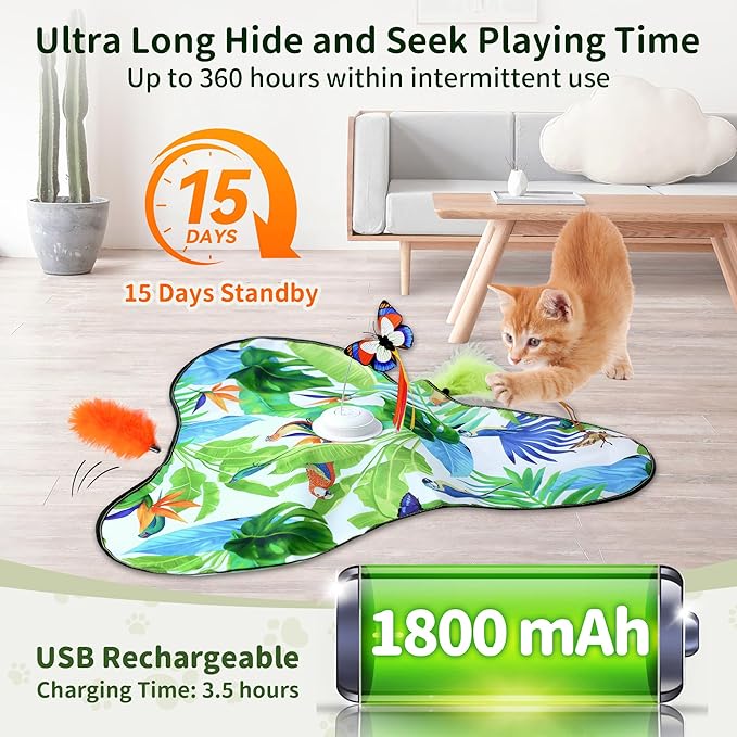 4-in-1 Interactive Cat Toy, Hide and Seek Cat Toys for Indoor Cats, Automatic Cat Kitten Toys with Moving Concealed Feathers, Fluttering Butterfly, Lifelike Sounds,Touch Activated, USB Rechargeable