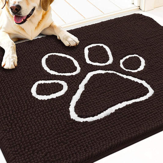 OLANLY Door Mat for Muddy Dog Paws 30x20, Ultra Absorbent Chenille Mud Doormat with Paw Print Design, Non-Slip Washable Doormat for Indoor Entryway, Quick-Dry Pet Bed Mats for Dirty Dogs, Brown