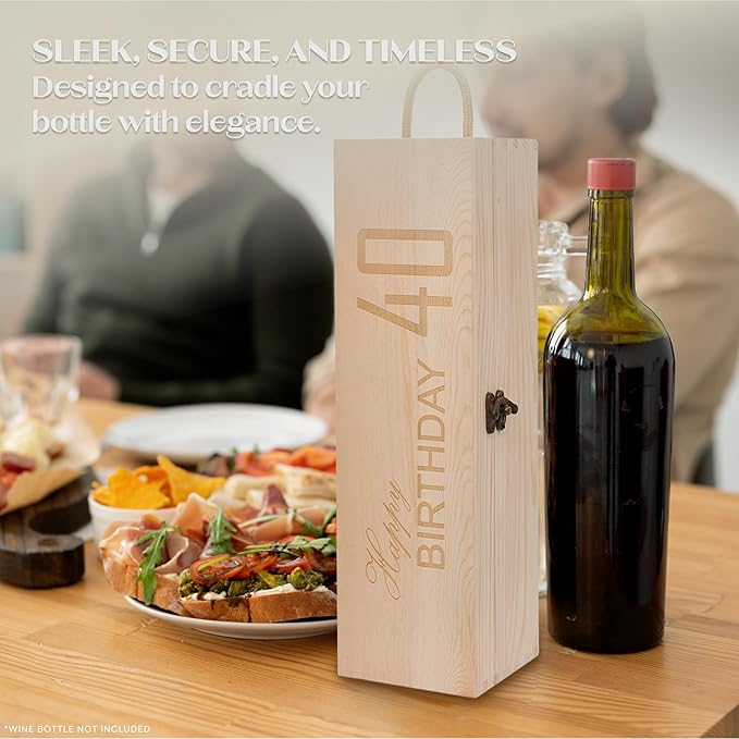 MEANT2TOBE Wooden 40th Birthday Wine Box - Timeless Elegance, Elite Durable Wood Craftsmanship, Chic Presentation for Wine Bottles, Versatile Gift for Special Occasions - 4.3" x 13.7" x 4.3", Brown