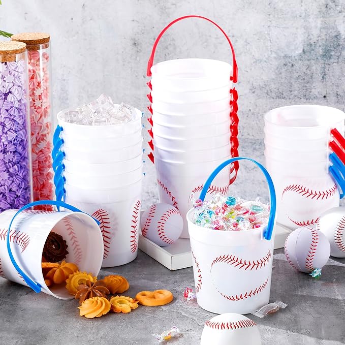 Mifoci Baseball Small Plastic Bucket with Handles 34 oz Versatile Baseball Treat Bucket Baseball Ice Bucket Bulk for Wine Beverage Baseball Party Bar Alcohol Beer Snack Drink Pail Gifts(30 Pcs)