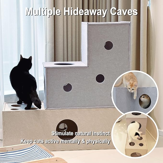 Cat Tunnel Hideaway for Indoor Cats - Soft Felt Toy with Interactive Peek Hole, Cave and Cube for Small, Medium, Large Cats