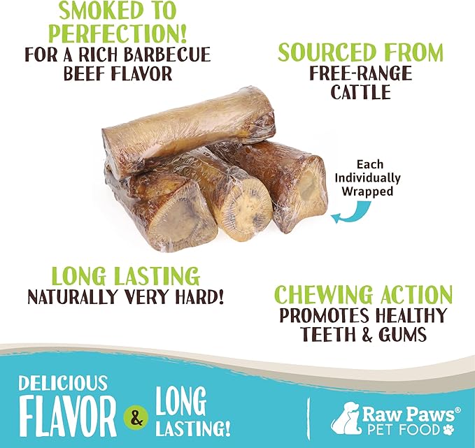 Raw Paws Smoked Beef Marrow Bones for Dogs - 6-Inch (4-Count) Packed in USA - Beef Bones - Bone Marrow Treats for Dog - Dog Chew for Aggressive Chewers