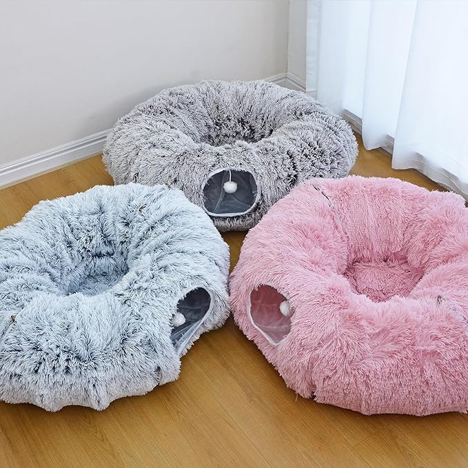 Plush Cat Tunnel Bed for Indoor Cats with Soft Cushion, Multi-Shape Play Cave with Hanging Balls, Large and Foldable Cat Donut Tunnel for Small and Large Pets (Brown)