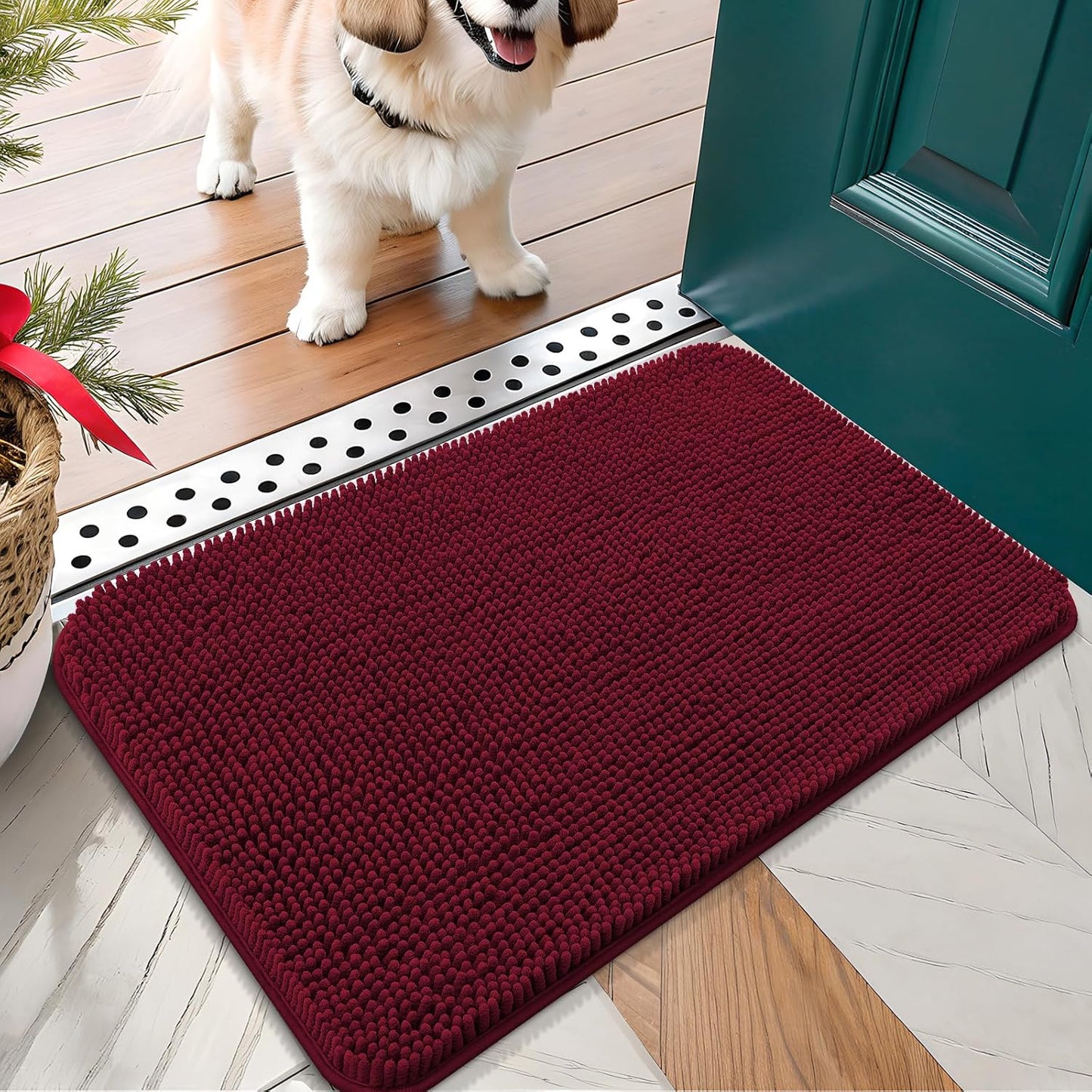 OLANLY Dog Door Mat for Muddy Paws 24x16, Absorbs Moisture and Dirt, Absorbent Non-Slip Washable Doormat, Quick Dry Chenille Mud Mat for Dogs, Entry Indoor Entryway Carpet for Inside Floor, Burgundy