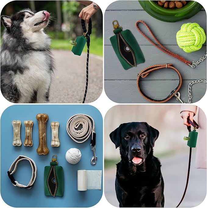 HIFA Genuine Leather Dog Leash Poop Bag Holder - Soft Touch Rustic Leather, Metal Clips, Easy Access to Pet Waste Bags - Dog Poop Dispenser for Outdoor Walking