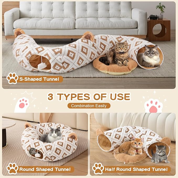 Cat Tunnel Bed for Indoor Cats, Cat Donut Tunnel with Washable Cushion, Peekaboo Cat Cave Toy, Multifunctional Playground Toys for Kittens, Rabbit, Brown Jacquard Pattern