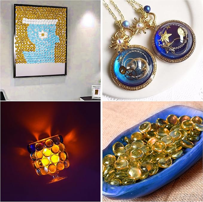 Amber Glass Marbles, 0.97LB Transparent and Smooth Mancala Stones, Yellow Flat Glass Beads for Vases, Mosaic Gem Pebbles for Aquarium Decor, Floral Arrangements Vase Filler and Crafts,Approx.80-100PCS