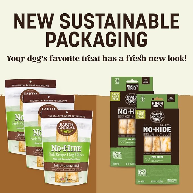 Earth Animal No Hide Medium Pork Flavored Natural Rawhide Free Dog Chews Long Lasting Chew Sticks | Treats for Large Dogs | Great for Aggressive Chewers - 6 Count