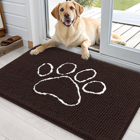 OLANLY Door Mat for Muddy Dog Paws 36x24, Ultra Absorbent Chenille Mud Doormat with Paw Print Design, Non-Slip Washable Doormat for Indoor Entryway, Quick-Dry Pet Bed Mats for Dirty Dogs, Brown