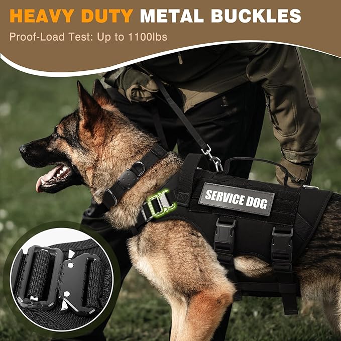 WINSEE Tactical Dog Harness with Dog Leash, Dog Collar, Service Working MOLLE Vest with 10 Pet Patches for Large Dog, No Pull Military Harness and Backpack with Airtag Holdler