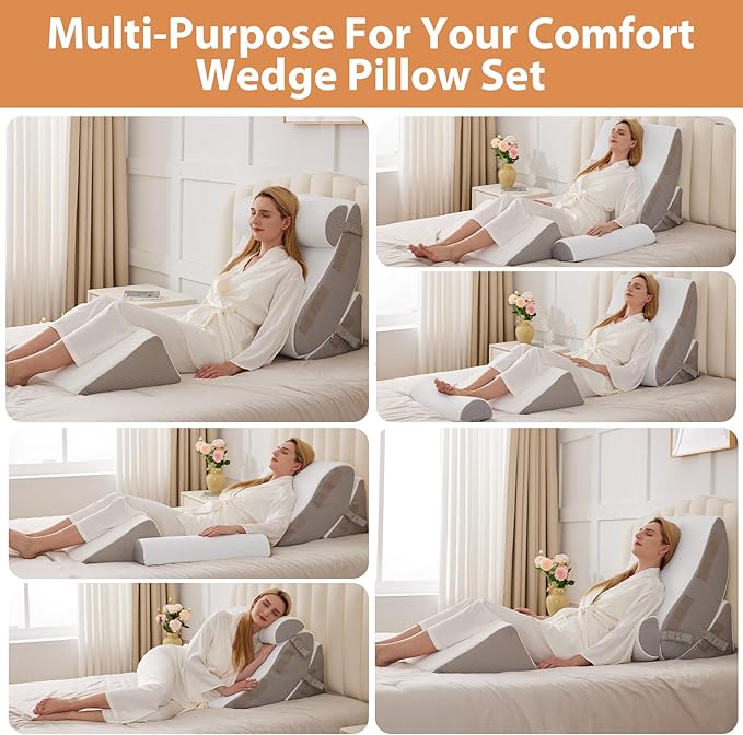 Orthopedic Bed Wedge Pillow Set 4PCS, Wedge Pillow Set for Back Pain Relief, Sitting up in Bed, Post Surgery, Acid Reflux, Snoring&GERD, Body Pillow for Sleeping,Leg,Neck,Shoulder Support, White/Grey