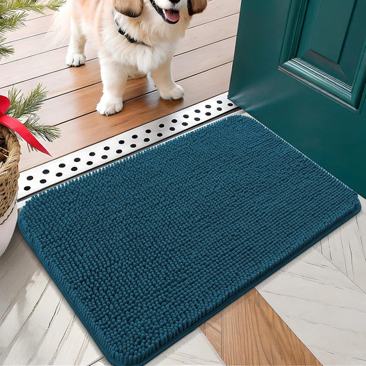 OLANLY Dog Door Mat for Muddy Paws 24x16, Absorbs Moisture and Dirt, Absorbent Non-Slip Washable Doormat, Quick Dry Chenille Mud Mat, Entry Indoor Entryway Carpet for Inside Floor, Atlantic Blue