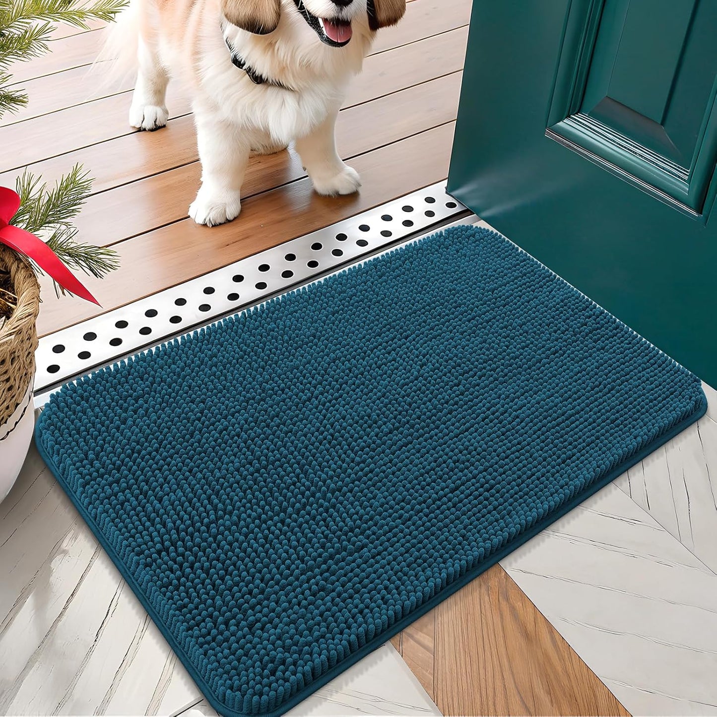 OLANLY Dog Door Mat for Muddy Paws 30x17, Absorbs Moisture and Dirt, Absorbent Non-Slip Washable Doormat, Quick Dry Chenille Mud Mat, Entry Indoor Entryway Carpet for Inside Floor, Atlantic Blue