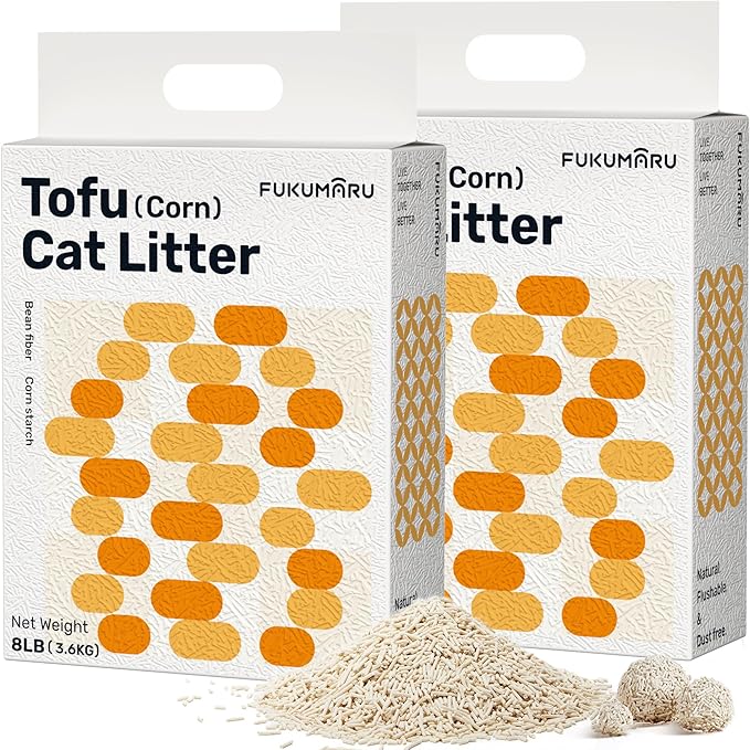 FUKUMARU Tofu Cat Litter, 16lb Fast Clumping & Superior Odor Control, Natural Corn Scent, Dust-Free, Flushable, Low Tracking, Ultra Absorbent, Lightweight, 8lb x 2 Bags