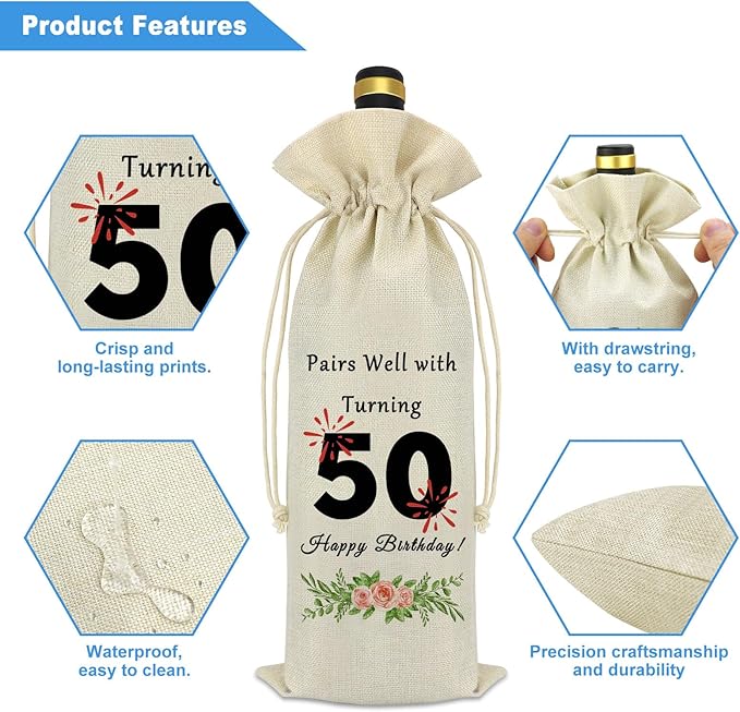 50th Birthday Gift Ideas for Women Men Wine Bag 50 Years Old Birthday Party Decorations Wine Bottle Bag Pairs Well with Turning 50 Happy 50th Fifty Birthday Gift for Dad Mom Husband Wife