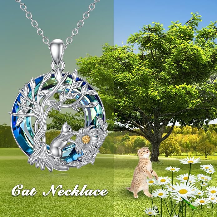 TOUPOP Cat Gifts for Cat Lovers Sterling Silver Cute Cat Tree of Life Pendant Necklace with Blue Circle Crystal Birthday Christmas Jewelry Gifts for Women