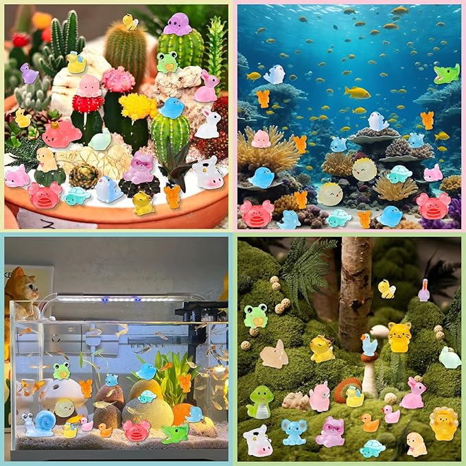 52Pcs Luminous Mini Resin Animals 52 Styles Miniature Glow in the Dark Resin Animal Figures to Hide Tiny Small Little Ducks Turtles Dinosaurs and Frogs for Micro Landscape Dollhouse Fairy Garden Decor
