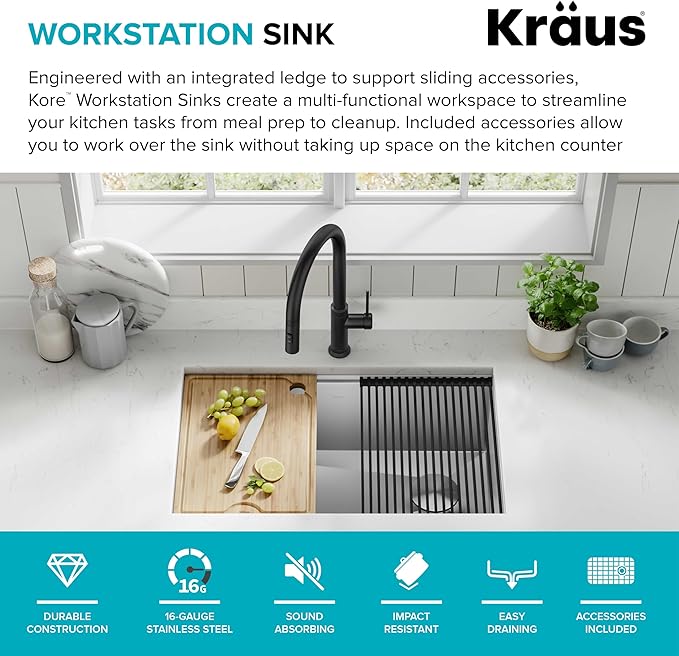 Kraus KWU110-30 Kore Kitchen Single Bowl, 30 Inch, 30"- Workstation Sink