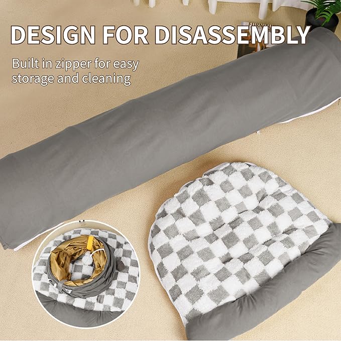 Cute Cat Tunnel Bed for Indoor with Collapsible Washable Design, Half Round Pet Play Interactive Toy for Cats/Puppy/Rabbit, Grey