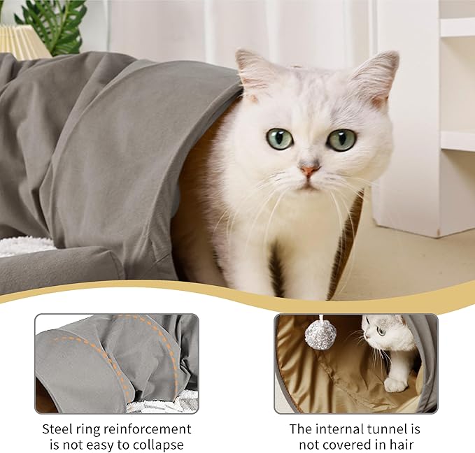 Cute Cat Tunnel Bed for Indoor with Collapsible Washable Design, Half Round Pet Play Interactive Toy for Cats/Puppy/Rabbit, Grey