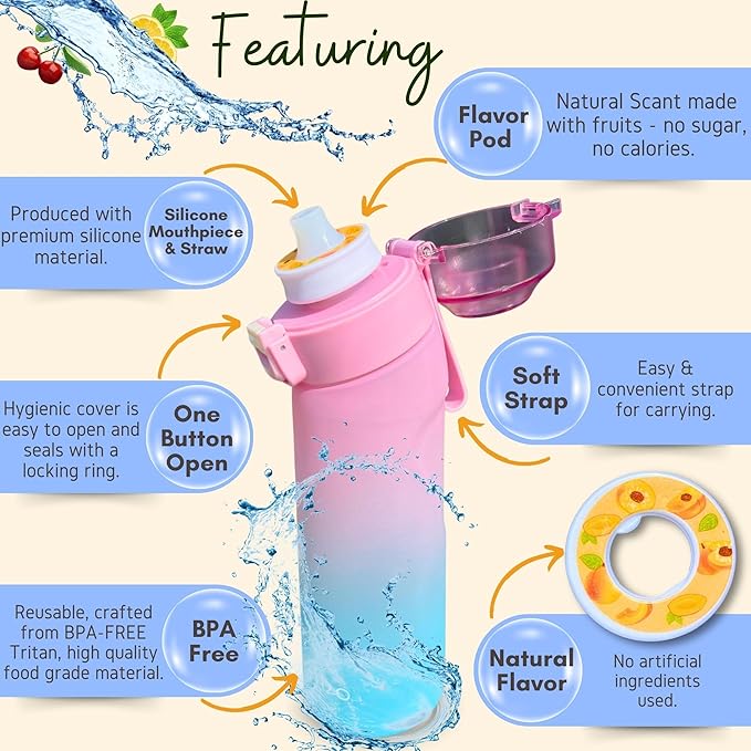 Air Water Bottle 650ml – Water Bottle With 5 Scented Pods, 0% Sugar BPA Free Cup with Bottle & Straw Brushes | Suitable for Outdoor | Sports | Gift Idea (New Gradient Pink/Blue + 5 Pods)