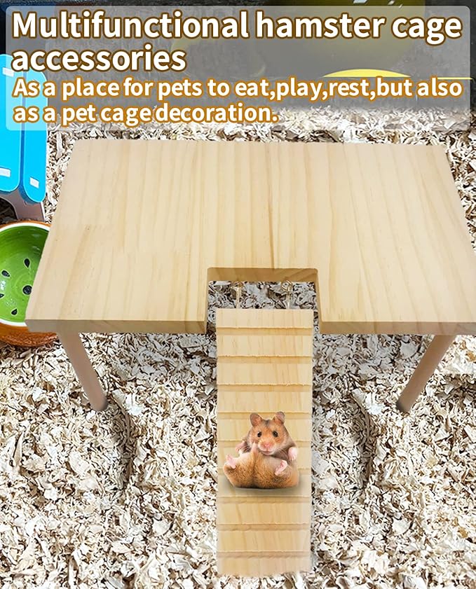 BNOSDM Large Wooden Hamster Platform with Ladder - Natural Wood Standing Platform for Syrian Hamsters, Guinea Pigs, Gerbils, Chinchillas, Mice