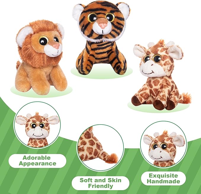 My OLi 5" Plush Toys Small Stuffed Animals Bundle of Cute Giraffe, Lion, Tiger, Panda, Elephant, Zebra Plush Animals Pack of 6 for Kids