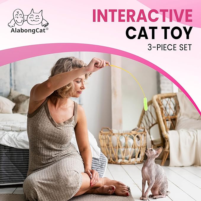 Interactive Catnip Cat Toy, A Blue Fish Catnip Toy (Filled with Natural Catnip) and Pink & Green Cat Teaser Wand Toys with Plush Tips for Indoor Cats and Kittens, 3Pcs Set