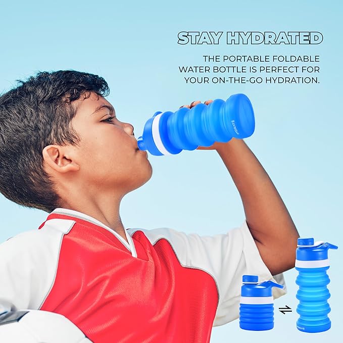 Hydrate Collapsible Water Bottle, 14.2oz - Expandable from 4.3" to 7.4" - Portable Silicone Leakproof Folding Cup - Flexible Liquid Container - Reusable Blue Drink Storage for Travel - Secure Drinking