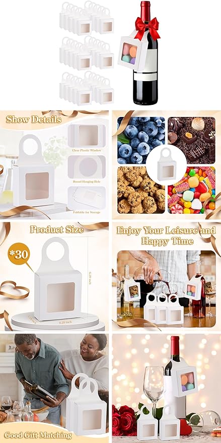 30Count Kraft Paper Wine Bottle Box with Window Hanging Foldable Boxes Wine Boxes for holding Candy Truffles Chocolate Wine Boxes for Gifts Empty Wine Bottles for Decoration Bottle Hanger Favor